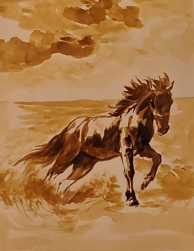 A sepia-colored horse running through the shore