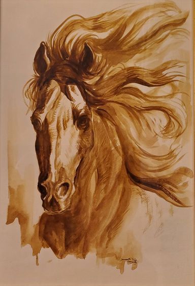 A horse portrait with mane in wind
